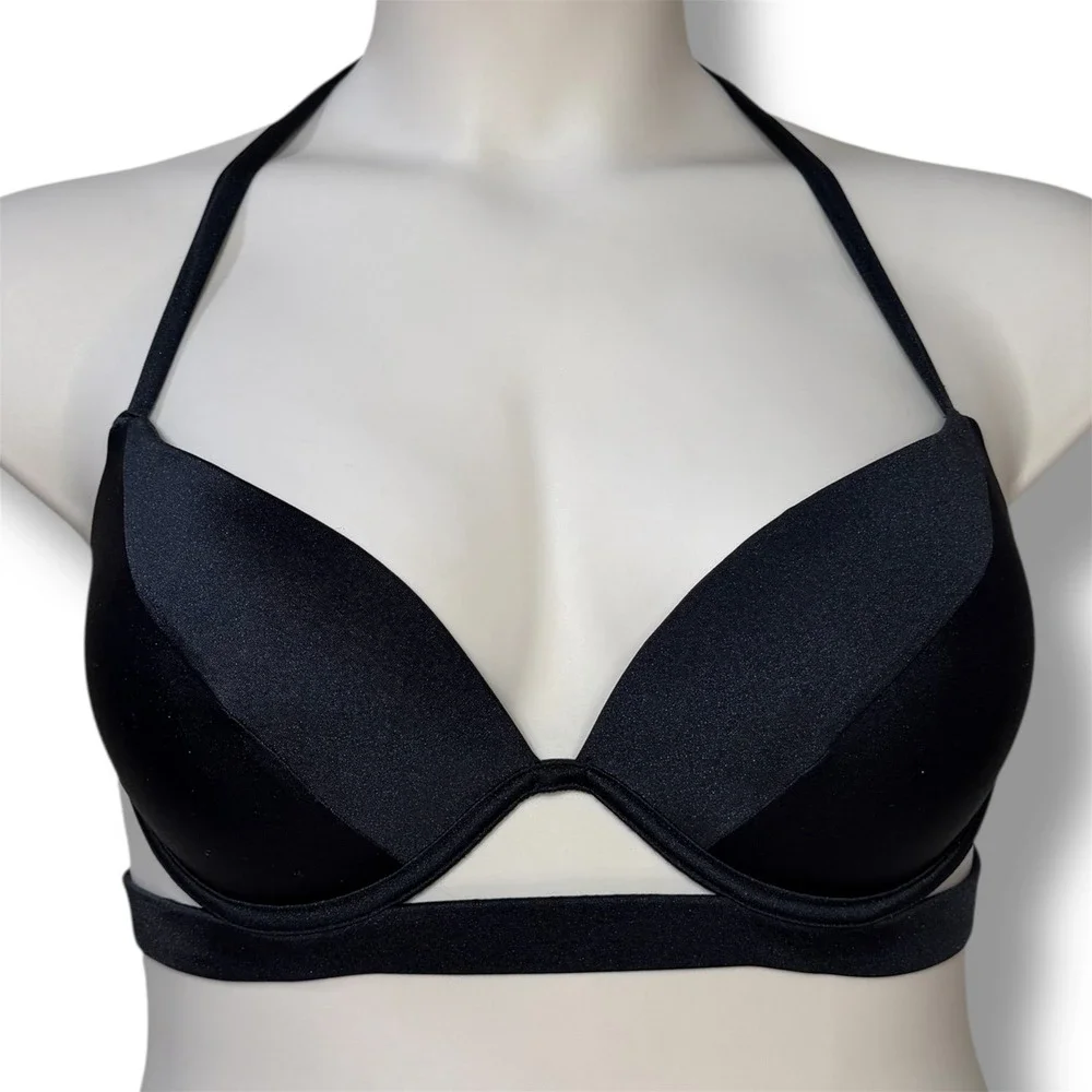 Victorias Secret‎ Black Push Up Halter Bikini Set 36D Large High Waist Ruched